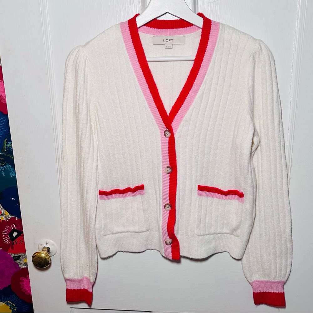 LOFT White Cardigan with Pink / Red Trim